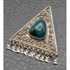 VTG Sterling Silver Brooch Pendant Triangle Chrysocolla Silver Israel 925 Pin